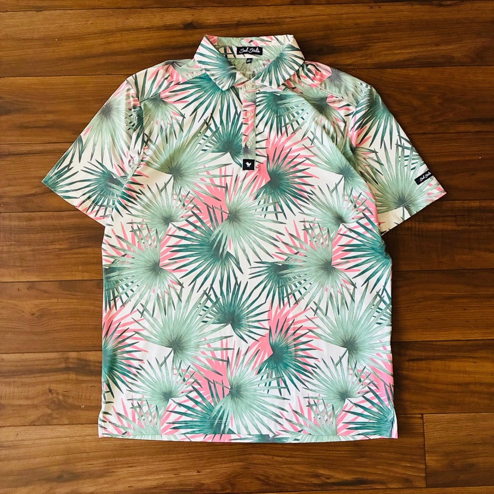 Bad Birdie Hammock Hunter Pink Palm Tree Golf Polo Performance Shirt Size M